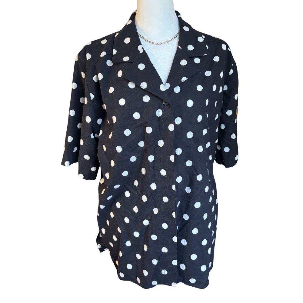 Vintage Brownstone Studio Black White Polka Dot Short Sleeve Blouse Size 12